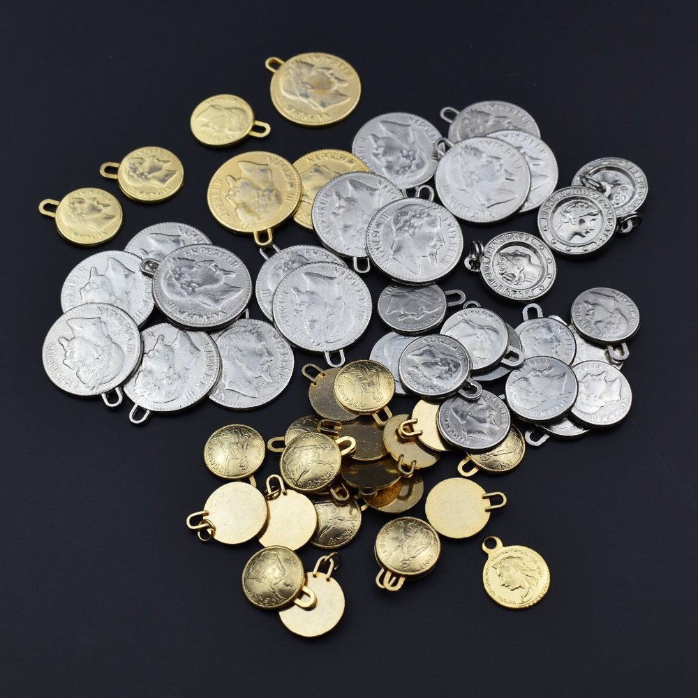 Silver and gold tone coins for DIY jewelry making, jewelry supply